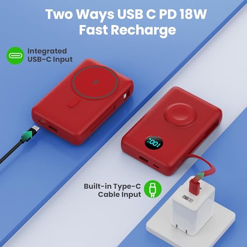 Image of 6 in 1 Magnetic Portable Charger for iPhone with Built-in Cables, 10800mAh 25W PD Fast Charging Power Bank, 6 Outputs Travel Essential Battery Pack for iPhone 17 /16 /15 /14 /13 /12,Apple Watch (Red)