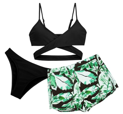 FEOYA Bikini para niña, traje de baño para niños, bonito traje de baño con protección UV, conjunto de bikini de tres piezas, traje de baño de verano para playa, A 06, 8-9 años