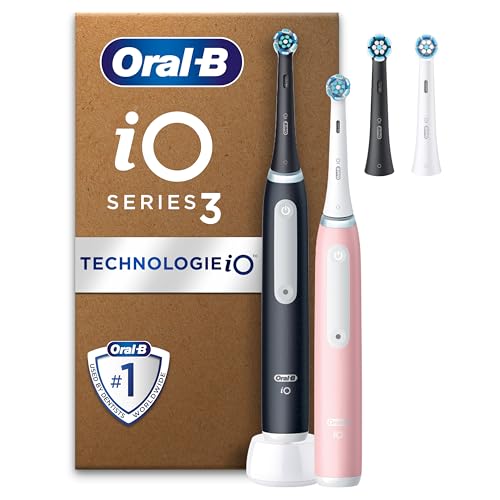 Oral-B Brosses A Dents Electriques iO 3 Duo, 3 Modes De Nettoyage Dont Blancheur, Brossage Silencieux, Capteur De Pression, 4 Brossettes De Rechange Oral B Rondes, Chargeur, En Carton, Noire et Rose