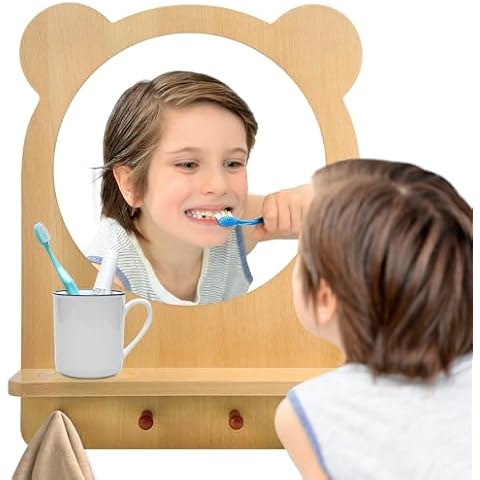 Kizfarm Montessori Wooden Acrylic Wall Mirror for Toddlers, Entryway Mirror with Hooks and Shelf, Unbreakable Kids Safety Self-Care Station for Playroom Classroom Bathroom (Beech Wood) Cover