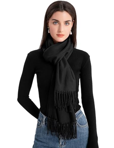 Durio Schal Damen Herbst Winter Lange Winterschal für Damen und Herren Warmer Damenschal mit Fransen Schwarz