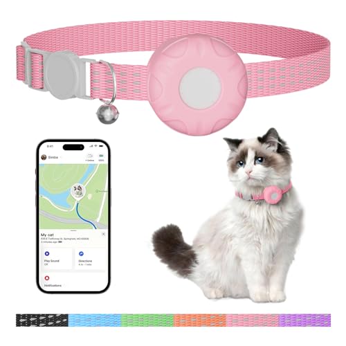 Image of Cat Tracker, No Monthly Fee GPS Tracker Compatible with Apple Find My App(Only iOS), Waterproof Cat Tracker Collar with Bell and Safety Elastic Buckle, Up to 1-Year Battery (Pink)