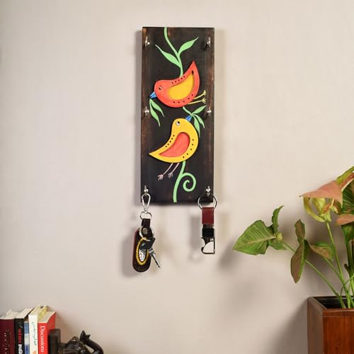 Image of AAKRITI ART CREATIONS Key Holder, Ini Mini Hand Painted Wooden Key Holder with Twin Bird Design | Rustic Mango Wood Wall Organizer with 6 Hooks | New Home Gifts.