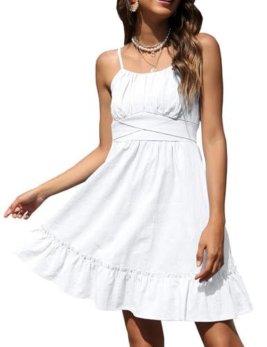 ROYLAMP Women's Summer Spaghetti Strap Dress Casual Wrap Sleeveless Backless Ruffle Hem Swing Mini Dresses with Pockets