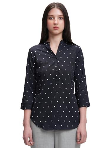 Image of Tokyo Talkies Women's Polka Dots Mandarin Collar Top | Roll-Up Sleeves | Smart & Casual | Perfect for Work & Everyday Chic | Tops for Woman | Women Tops | Stylish Top