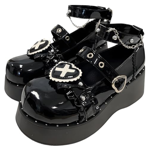 Y2K Grunge Gothic Kawaii Lolita Round Toe Platform Heels White Lace Heart Rivet Decor Mary Jane Shoes