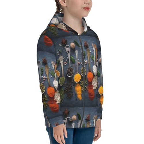 Various Herbs And Spices In Spoons Kid Hoodies Boys Zip Up Sweatshirts Girls Pullover with Pocket4