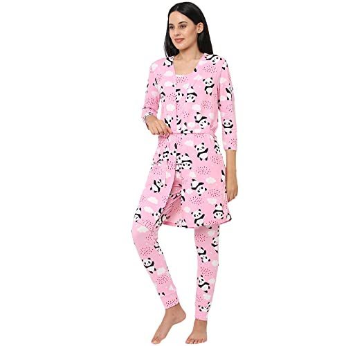 Image of Sweet Dreams Women Printed Lapel Collar 3 /4th Sleeve Poly Brush Robe, Slip & Pyjama Set