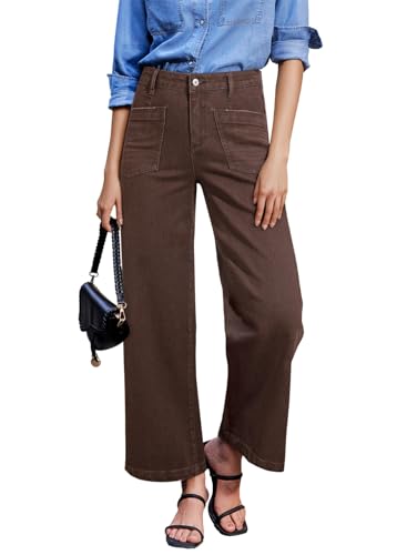 Sidefeel Womens Jeans High Waisted Straight Stretchy Jeans Trendy Loose Wide Leg Zimbaplatinum Ankle Denim Pants Coffee Size 10