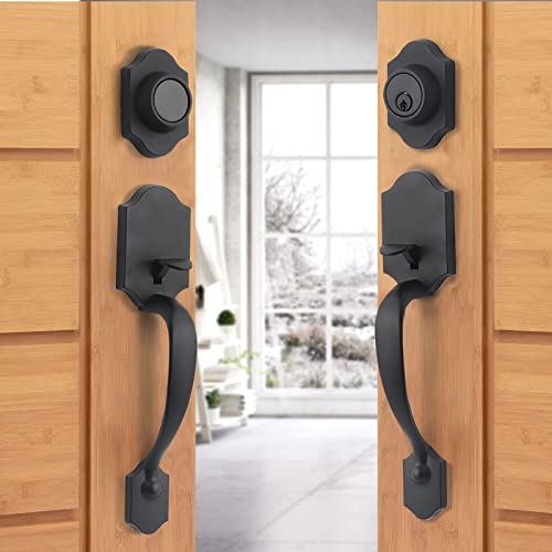 Gua Oyh Front Door Handle Matte Black Double Door Handle Sets With Dummy, Double Door Lock Set Exterior Door Handle Set, With Single Cylinder Deadbolt, With Wave-Like Handle Lever, (L321020-B-S720) #TOP4