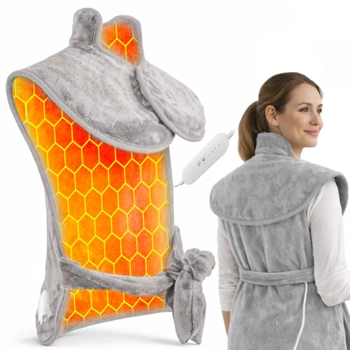 BAKAJI Mantellina Termoforo Elettrico per Collo e Spalle, 4 Livelli Temperatura, Tessuto Morbido e Riscaldamento Omogeneo, Sollievo Muscolare e Calore, Scaldaschiena con Telecomando e Cintura in Vita