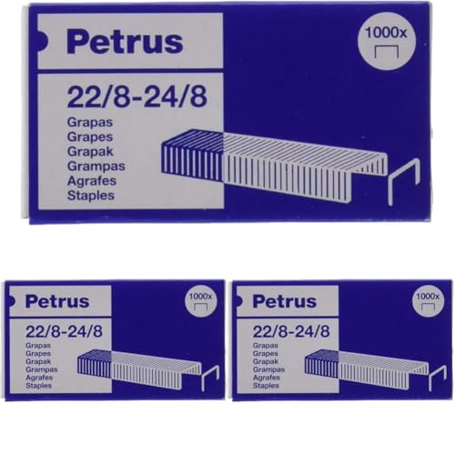 Petrus Grapas, 40 hojas, Largo 8 mm, 1000 grapas, Modelo 22/8-24/8, 55714 (Paquete de 3)