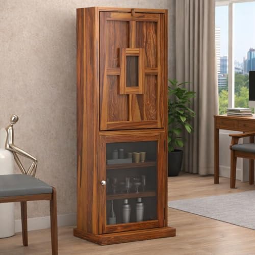 Image of Wooden Bar Cabinet for Home - Large Bar Unit for Living Room with Wine Rack - Foldable Table & Glass Door Storage | Sheesham Bar Table for Home & Bar Counter (Walnut Finish)