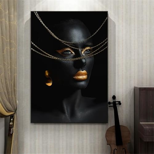 Art mural africain moderne tableau or et noir grand format x3 - 5