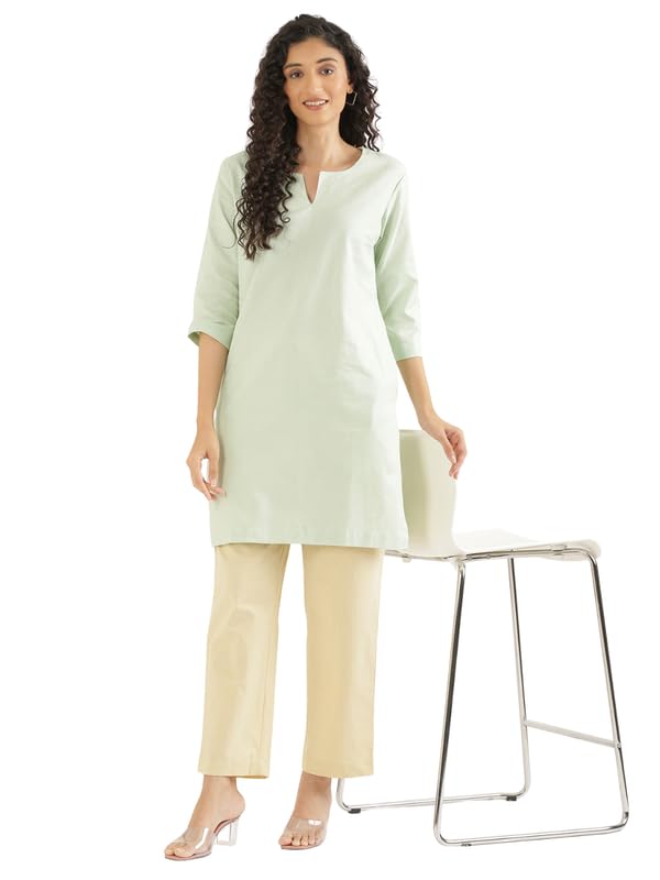 Image of SAADAA Airy Linen Mid Thigh Length Kurta for Women | Stylish Split Neck, 3 /4 Sleeves & Side Pockets | Comfortable Everyday Wear Kurta | Breathable Fabric |