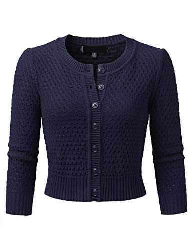 Women's 3/4 Sleeve Crew Neck Button Down Cotton Knit Cropped Cardigan Sweater (S-3XL)