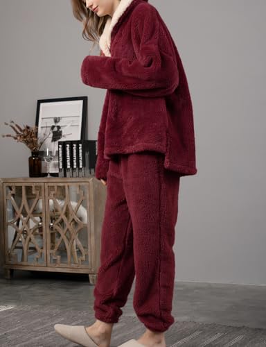 Women's Fluffy Loungewear Sleepwear Lounge Casual Pajamas Sets Loose Long Sleeve Fleece Pullover and Pants Set3