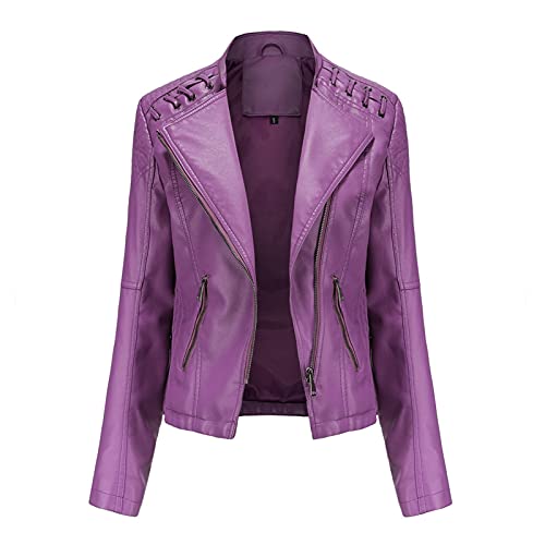 DDSP Primavera Invierno Mujer Negro PU Cuero Suelto Cuello Volteado Cremallera Mujer Wild Locomotive Jacket (Color: Violeta, Talla : EU(L)) Cover