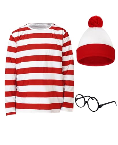 Oiziuzio Red & White Striped Long Sleeve Shirt 3Pcs Set Classic Striped Top with Hat Glasses Funny Halloween Cosplay Outfit S