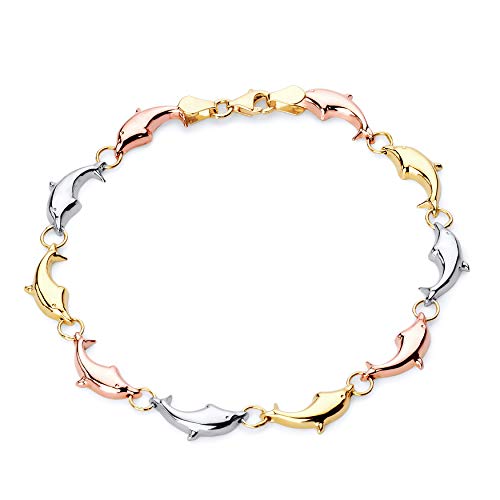 The World Jewelry Center 14k Tri Color Gold Stampato Dolphin Bracelet with Lobster Claw Clasp - 7.25"