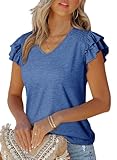 Dokotoo Womens Tops v Neck Flowy Ruffle t Shirts Solid Color Basic Knit Ribbed Women's Clothing Cute Ladies Top Spring Summer Business Casual Shirts for Women Blue Medium