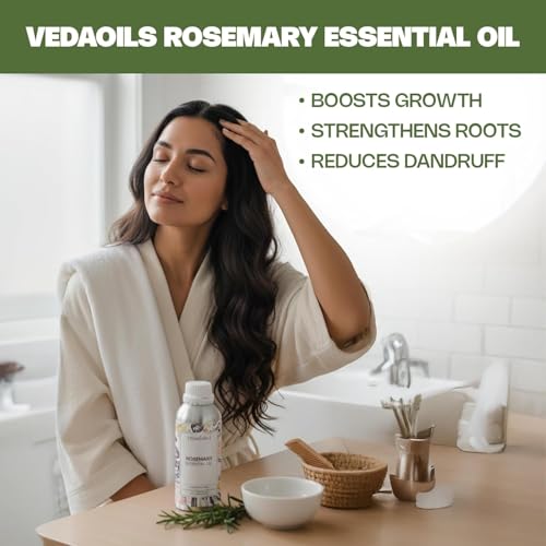 Image of VedaOils Rosemary Essential Oil for Hair Growth, Hair Fall Control and Scalp Nourishment, Skin Care | Clinically Tested Organic 100% Pure & Natural, Undiluted Steam Distilled, 100ml