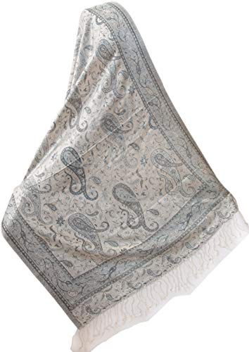 Silk Jamavar Shawl from India Shades of Silver Gray Wrap Floral Paisley 74