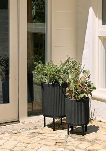 Image of Veradek Demi Series Raised Duo Planters - Set of 2 Planters with Stands | Made From a Durable Plastic-Stone Composite & Comes With Wooden Stand. Modern Porch /Patio Decor