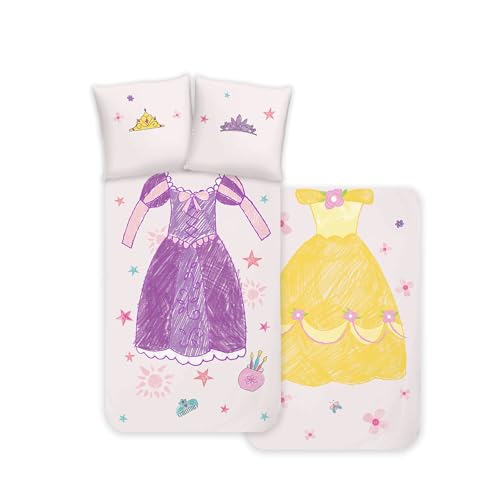 Disney Home Princess Bettwäsche-Set für Kinder - Prinzessin Belle und Rapunzel - wendbar, mit Hotelverschluss, 100% Renforce Baumwolle - 2-teilig -...