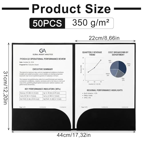GBACHOOSE Teczka na dokumenty A4, czarna, 50 sztuk, format A4, z kartonu 350 g, czarna teczka z 2 kieszeniami wewnętrznymi i otworem na karty, do biura i szkoły