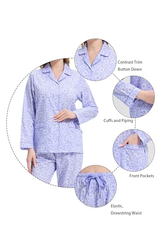 Image of GLOBAL Women Cotton Pajamas Long Sleeve PJs Button Down Sleepwear S-3XL
