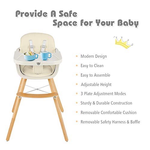Baby Joy Convertible Baby High Chair, 3 In 1 Wooden Highchair/Booster/Chair With Removable Tray, Adjustable Legs, 5-Point Harness, Pu Cushion And Footrest For Baby, Infants, Toddlers (Beige) #TOP5