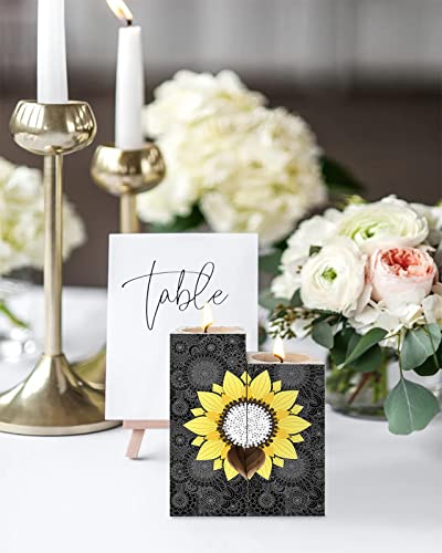 Heart-Shaped Candle Holders For Table Centerpiece - Sunflower Mandala Black And Yellow Tealight Candle Holder Set - Wooden Candlestick Home Decorations For Friend Couple #TOP23