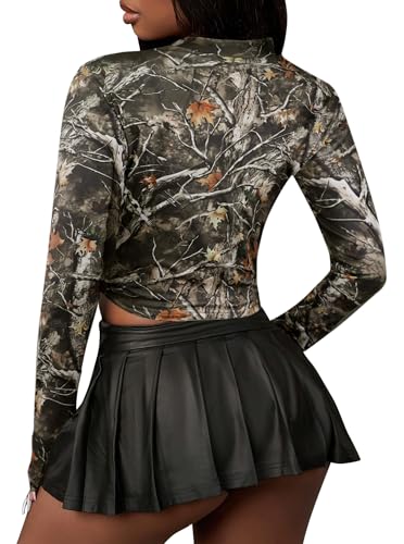 LovelyWholesale Womens Camo Cropped Zip Up Jacket Sexy Graphic Long Sleeve Crop Top2