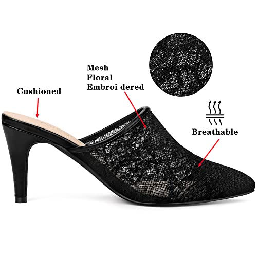 Allegra K Allegra K Women's Lace Heels Sandals Mesh Floral Embroidered Black Stiletto Heels Slide Mules - 9 M US