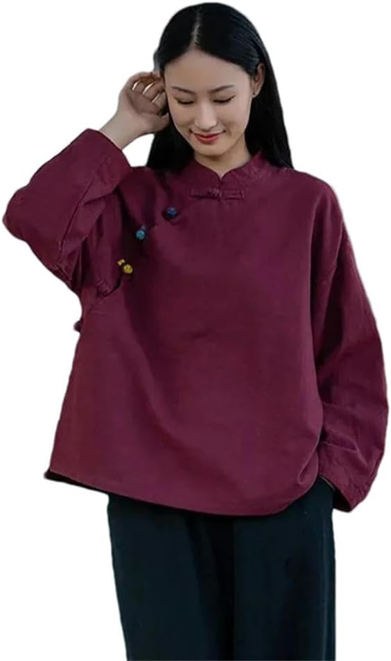 Chinese Style Women's Tang Suit Traditional Clothes Ethnic Long Sleeve Vintage Top Hanfu Ladies Linen Clothing for Women