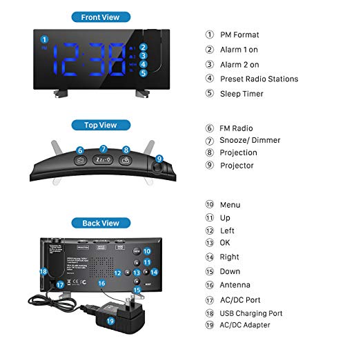 PICTEK Projection Alarm Clock, 15 FM Radio Alarm Clock, 5'' Large Curved LED Display, 6 Dimmer, Dual Alarm with 4 Alarm Sounds, Digital Clock for Bedrooms Ceiling, USB Phone Charger, Snooze