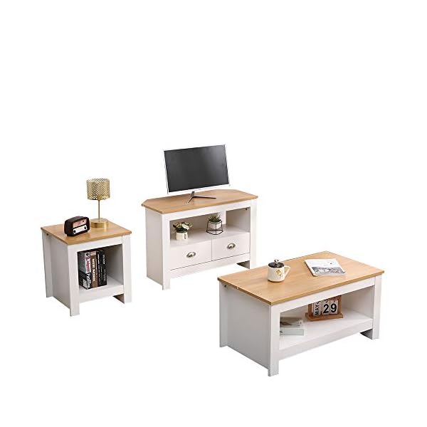 CF Furniture Living Room 3 Piece Set Lamp Table Coffee Table TV Stand Modern Simple Practical White+Oak