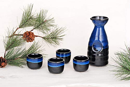 Hinomaru Collection Reactive Glaze Japanese Sake Set Tokkuri 10 fl oz Bottle with Four Sake Ochoko Cups 2 fl oz Drinkware (Black Blue)
