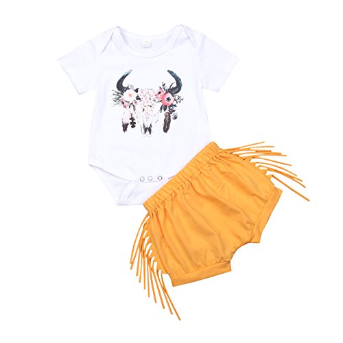 Image of Enhill Toddler Kids Baby Girl Deer Short Sleeve Romper Shirt+Tassel Shorts Outfit Set