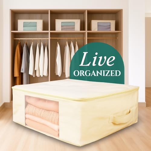 Image of Cotton Canvas Storage Bags for Sarees & Lehengas | Pack of 3 | Zip Closure with Transparent Window | Foldable Clothes Organizer for Wardrobe (17 x 14 x 7 inch, Beige)