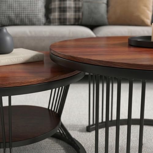 Image of Coffee Table, 20 inch Round Coffee Table Set of 2, Wooden Nesting Table with Metal Frame, Center Tables for Living Room Bedroom Balcony Bedside Table Black Brown