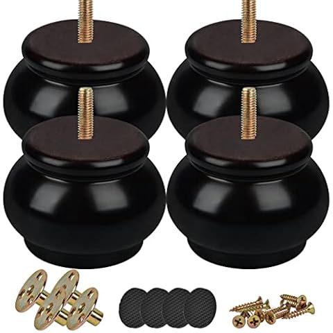 2 inch Solid Wood Furniture Legs, Btowin 4Pcs Round Wooden Bun Feet with Threaded 5/16'' Hanger Bolts & Mounting Plate & Screws for Sofa TV Stand Ottoman Bed Cover