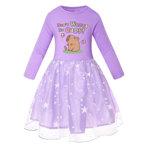 Girls Capybara Dress with Crossbody Bag Long Sleeve Tutu Dress Rainbow or Star Prints Tulle Skirt2