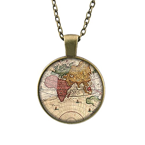 DELEY Vintage Long Bronze Chain World Map Glass Cabochon Dome Gem Pendant Statement Necklace Color B