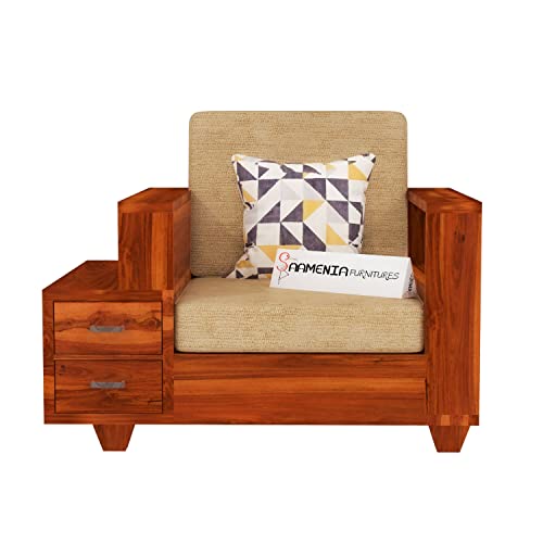 Image of Sheesham Wood Single Seater Sofa | 1 Seater Sofa with 2 Drawer Storage | Wooden Sofa Set Furniture for Living Room Home Office (Honey)