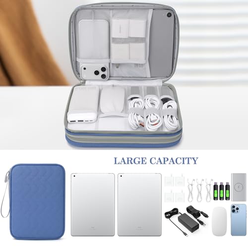 Image of FYY Electronic Organizer, Extra Large Travel Cable Organizer Bag Pouch Portable Waterproof Double Layers All-in-One Storage Bag for iPad, Cable, Power Bank, Laptop Charger for Office, Blue-Pattern