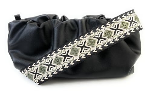 Image of Black Olive Green Boho Diamond Purse Strap with Silver Hardware 2 Inch Wide Replacement Crossbody Guitar Style Shoulder Strap for Handbags Totes
