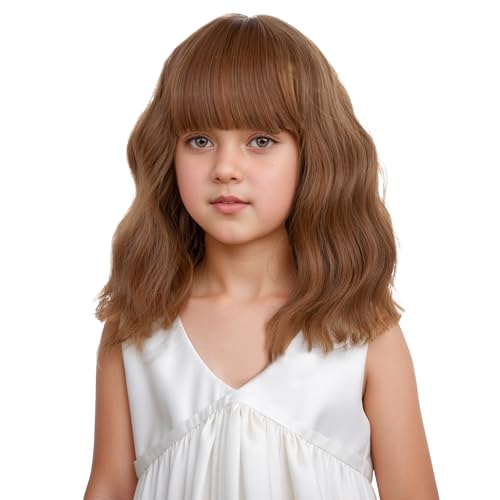 Image of Auburn Wig for Kids Girls Short Orange Wavy Curly Wig Child Auburn Wigs with Air Bangs Heat Resistant Synthetic Hair Include Cap