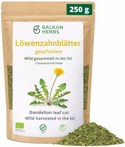 BIO Löwenzahnblätter 250 g. getrocknet und geschnitten 4 mm Wildsamlung aus EU (Taraxacum officinale) Löwenzahnblättertee Kräutertee von Balkan Herbs
